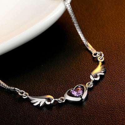 925 Sterling Silver Bracelet, Silver Guardian Angel Bracelet, White and Purple Diamond Bracelet - available at Sparq Mart