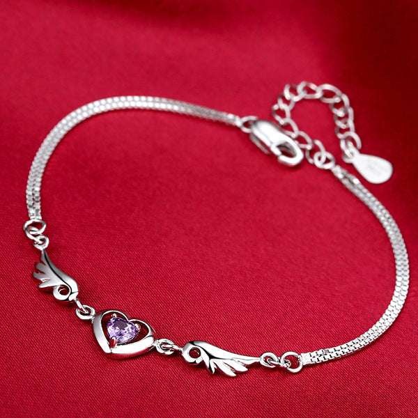 925 Sterling Silver Bracelet, Silver Guardian Angel Bracelet, White and Purple Diamond Bracelet - available at Sparq Mart