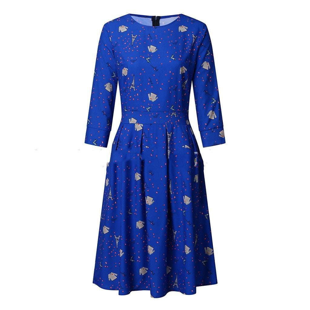 Autumn Fashion Dress, Printed Swing Dress, Three-Quarter Sleeve Dress - available at Sparq Mart