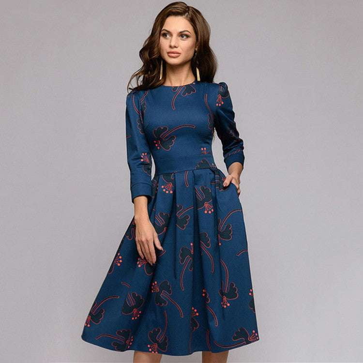 Autumn Fashion Dress, Printed Swing Dress, Three-Quarter Sleeve Dress - available at Sparq Mart