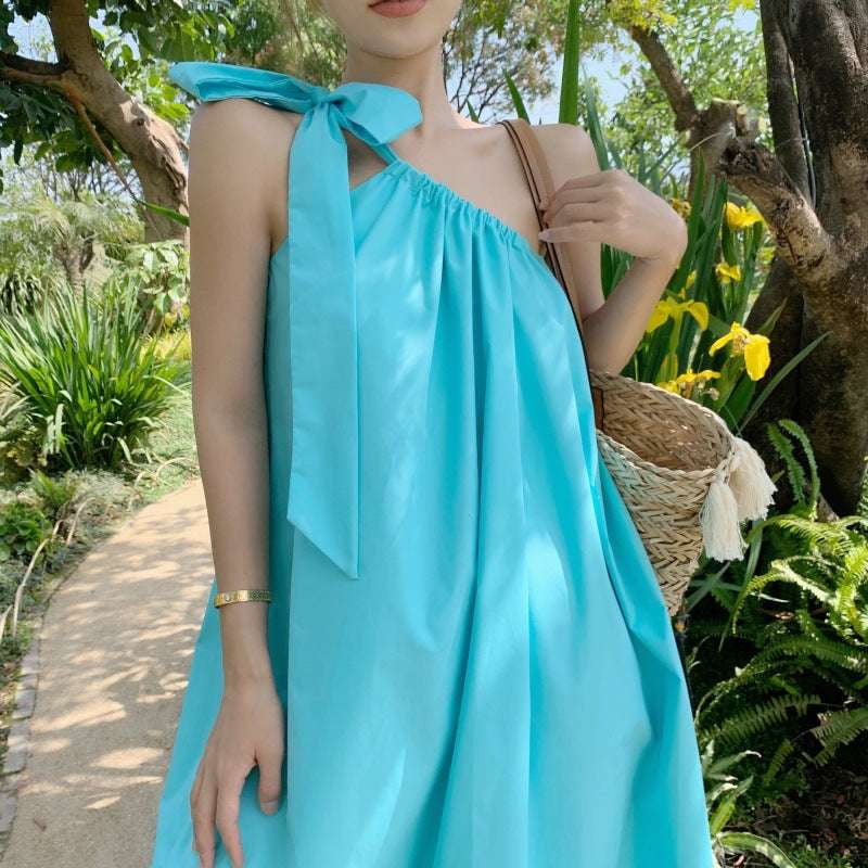 Blue Cotton Blend Dress, Off-Shoulder Fairy Dress, Sweet Style Beach Dress - available at Sparq Mart