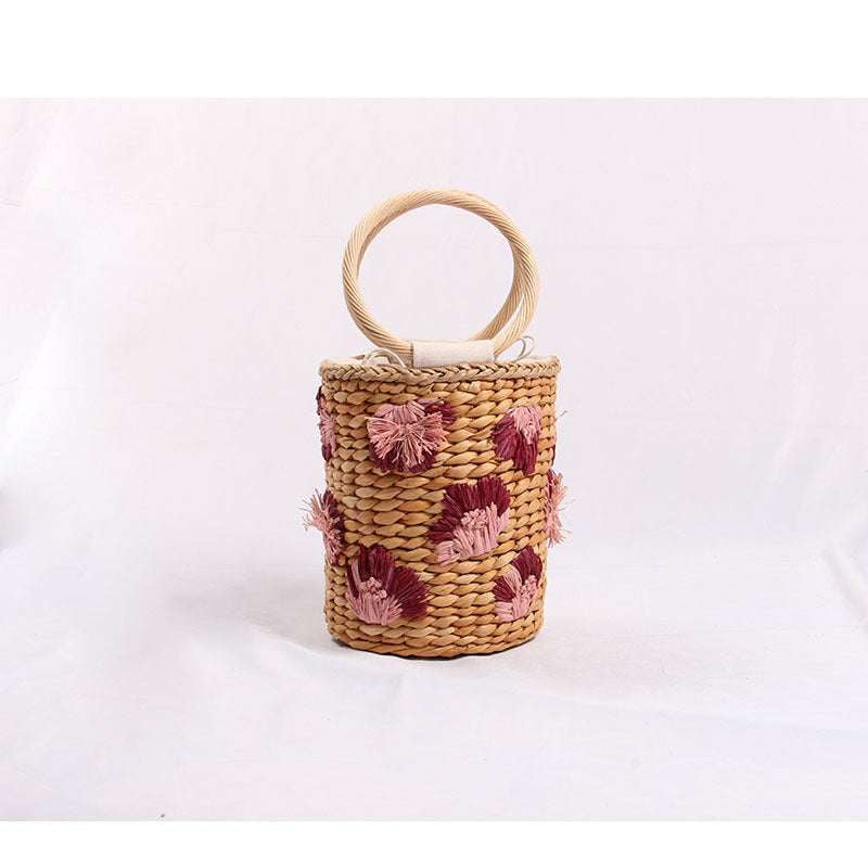 Bohemian Bucket Handbag, Embroidered Straw Tote Bag, Hand-Woven Floral Purse - available at Sparq Mart