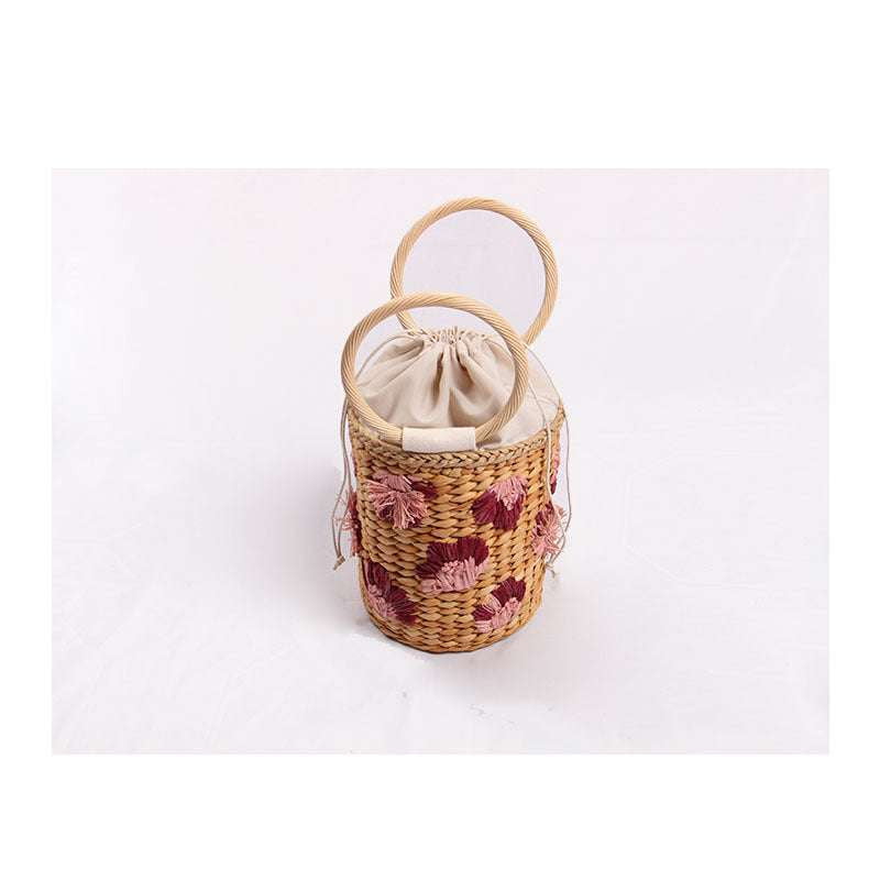 Bohemian Bucket Handbag, Embroidered Straw Tote Bag, Hand-Woven Floral Purse - available at Sparq Mart