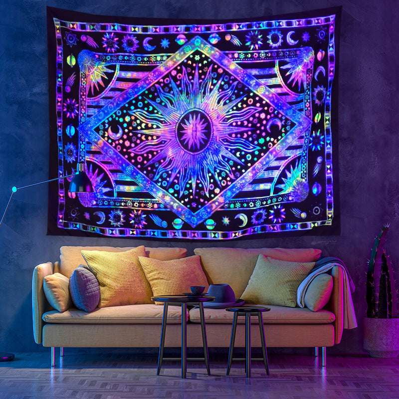 Bohemian Moon Wall Tapestry, Celestial Room Decoration, UV Reactive Wall Hanging - available at Sparq Mart