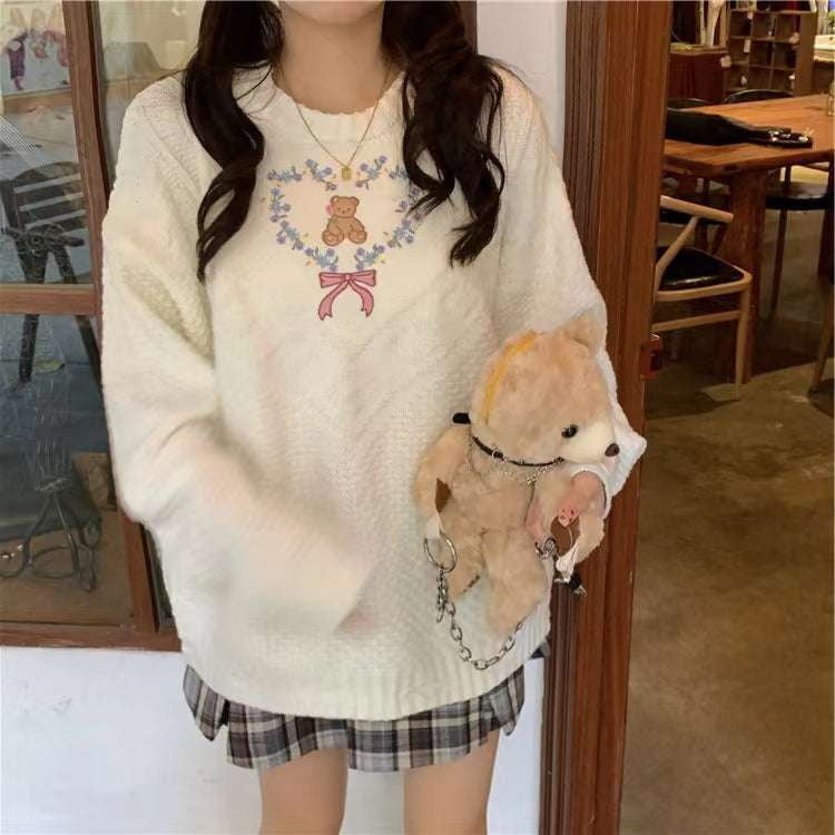 bear sweater womens, casual sweater chic, embroidered white top - available at Sparq Mart