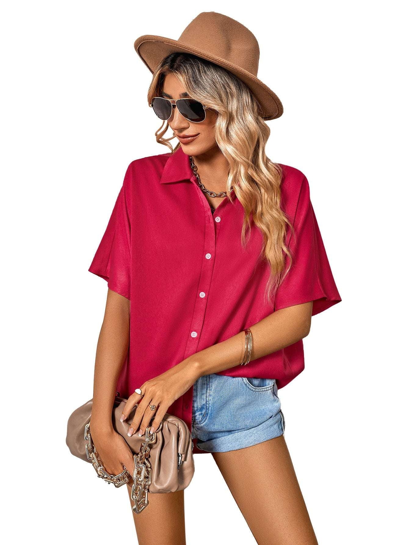 casual women's shirt, chic lapel top, loose summer blouse - available at Sparq Mart