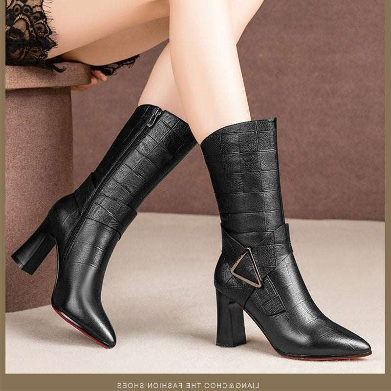 chic pointed boots, middle tube boots, plush heeled boots - available at Sparq Mart