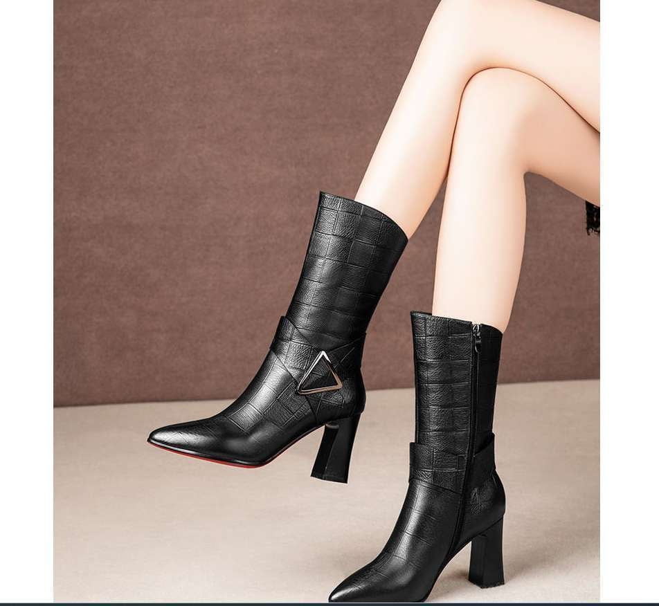 chic pointed boots, middle tube boots, plush heeled boots - available at Sparq Mart