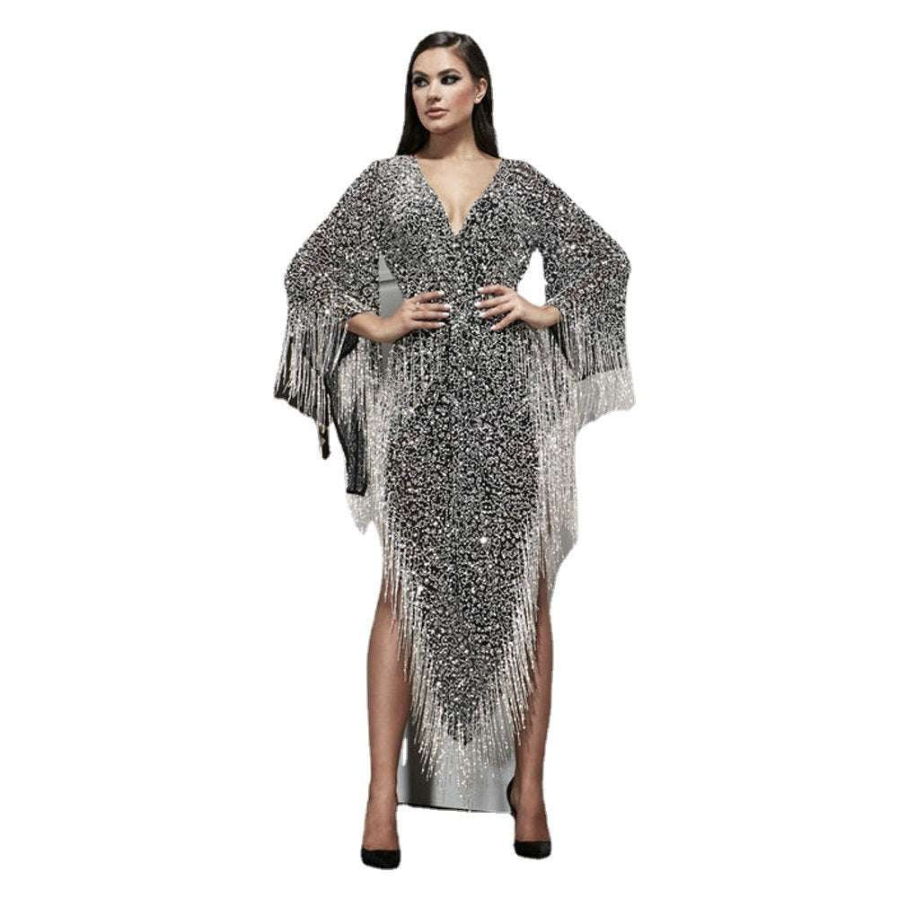 Elegant Party Evening Gown, Long Sleeve Tassel Dress, Silver Sequin Tassel Dress - available at Sparq Mart