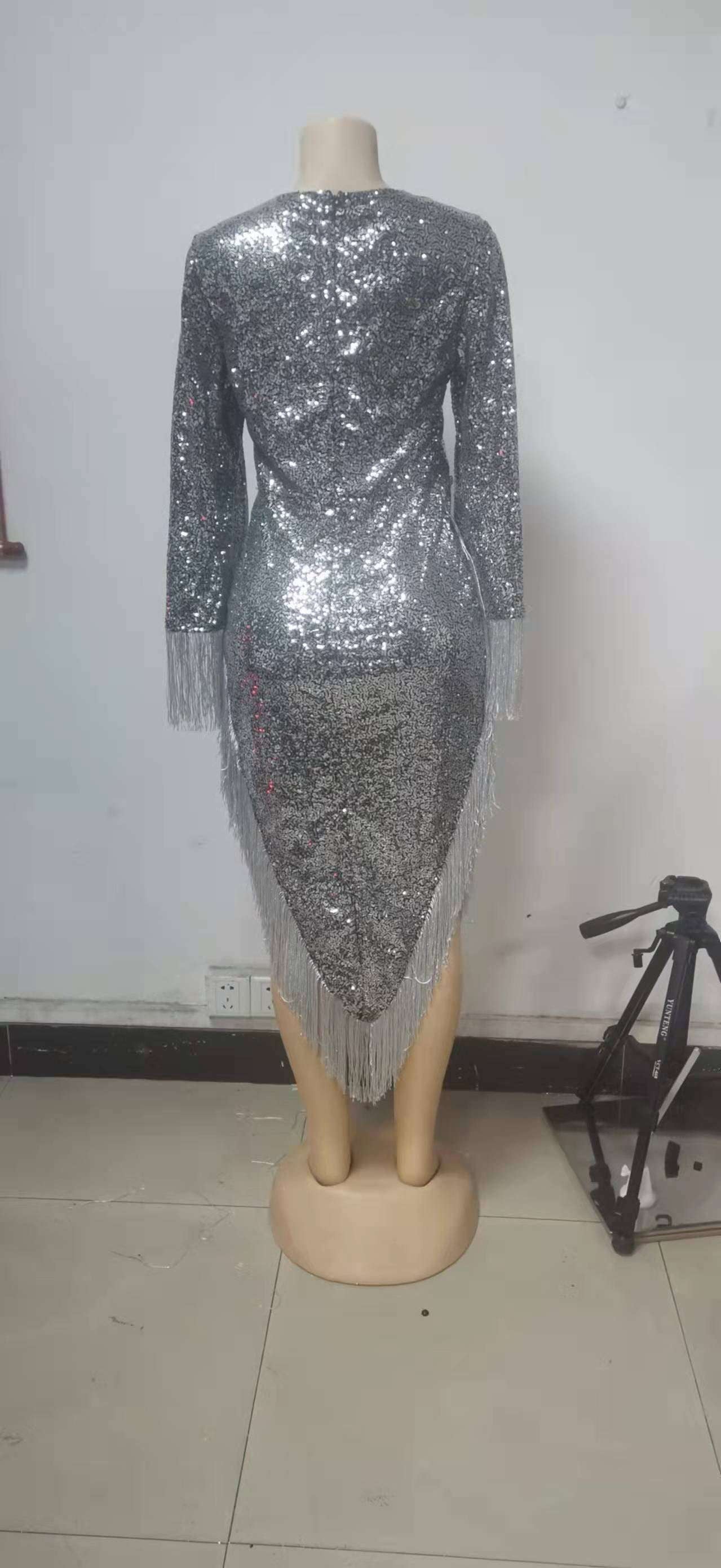 Elegant Party Evening Gown, Long Sleeve Tassel Dress, Silver Sequin Tassel Dress - available at Sparq Mart