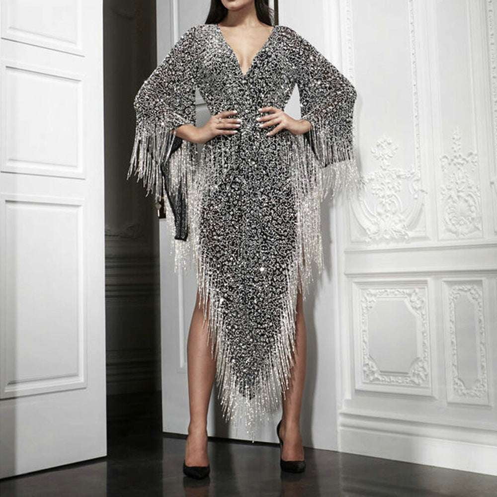 Elegant Party Evening Gown, Long Sleeve Tassel Dress, Silver Sequin Tassel Dress - available at Sparq Mart