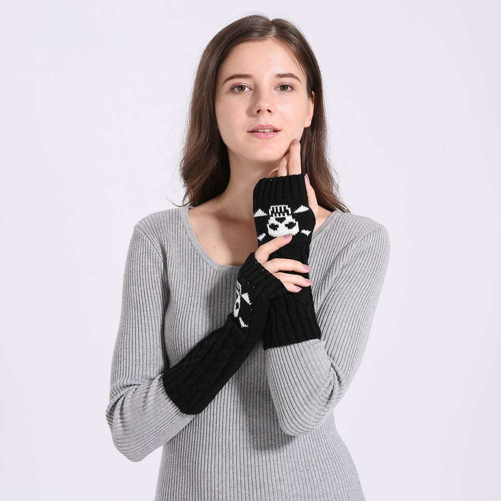 Skull Knit Gloves, Warm Short Gloves, Winter Wool Gloves - available at Sparq Mart