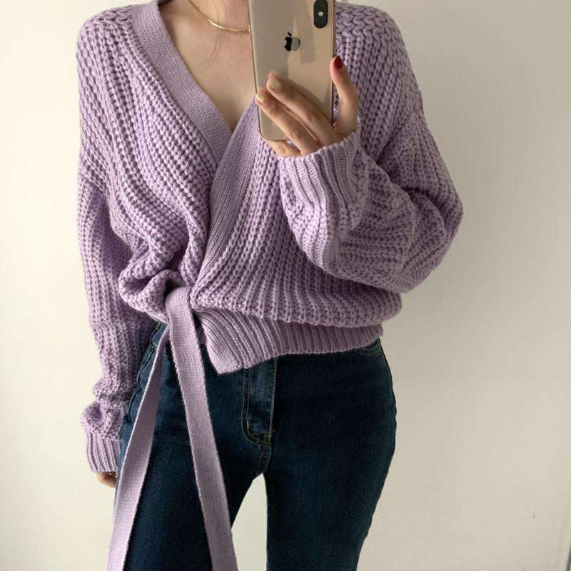 Casual Knit Sweater, Fashion Lace Up Sweater, Taro Purple Sweater - available at Sparq Mart