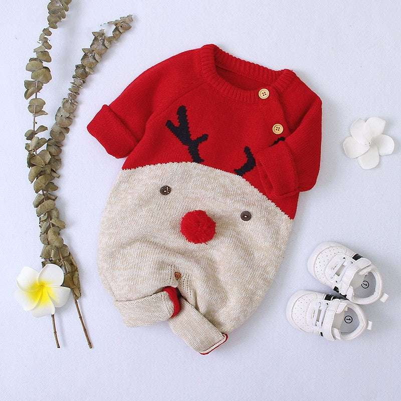 Christmas sweater, Cute fawn Christmas sweater, Knitted cartoon romper - available at Sparq Mart