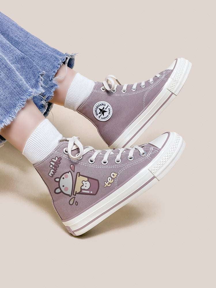 Korean Canvas Sneakers Cute Printed Shoes Women High-Top Footwear - available at Sparq Mart