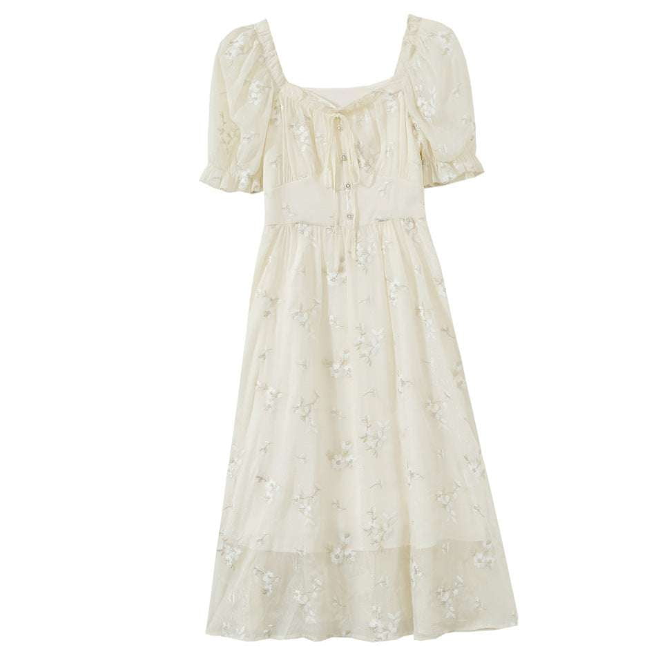 Chiffon Square Neck, Embroidered Waist Dress, Sweet Style Dress` - available at Sparq Mart