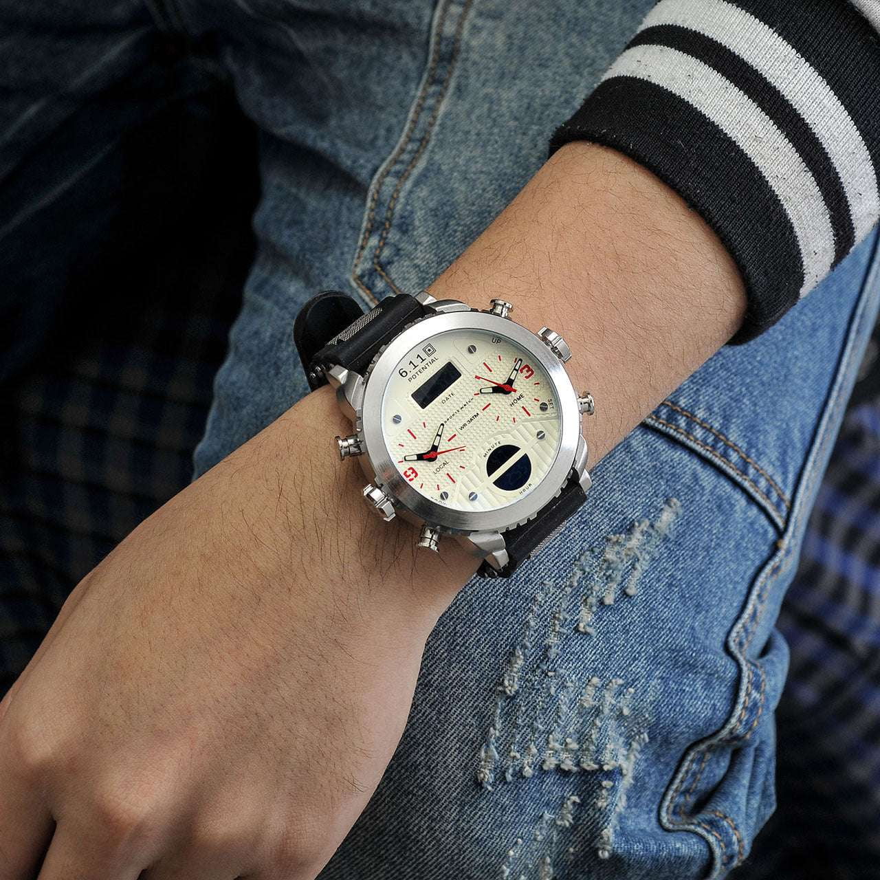 electronic movement wristwatch, luminous display timepiece, men's leather chronograph - available at Sparq Mart