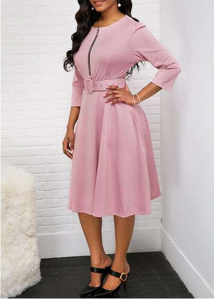 Elegant Women's Dress, Mid-Length Belted Dress, Zippered Waist Dress - available at Sparq Mart