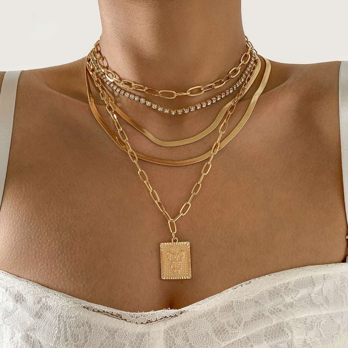 Gold Plated Fashion Necklace, Rhinestone Letter Necklace, Women's Elegant Neckwear - available at Sparq Mart