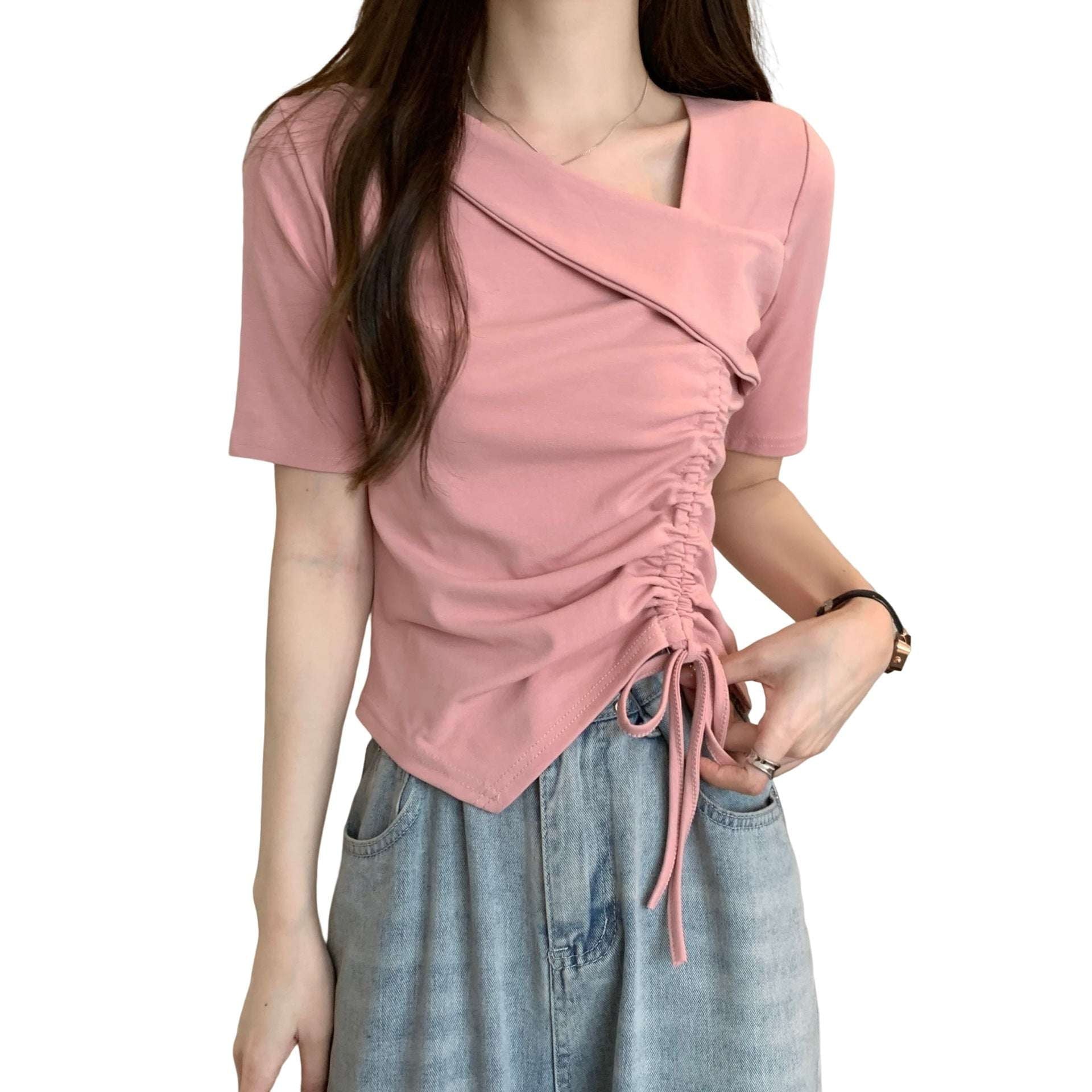 Chic V-Neck Blouse, Pleated Slim-Fit Top, Women's Fashion Blouse - available at Sparq Mart