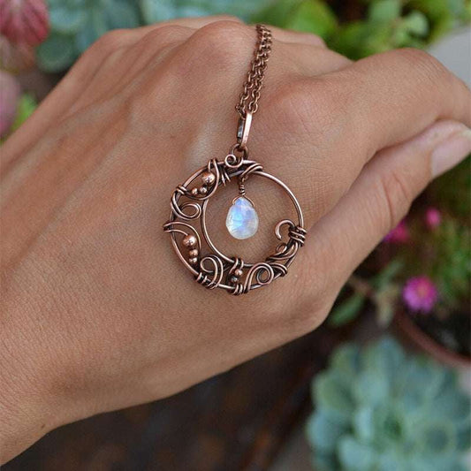 moonstone pendant necklace, red copper necklace, vintage moon pendant - available at Sparq Mart