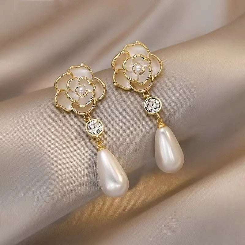 Classic Camellia Earrings, Elegant Stud Earrings, French Pearl Studs - available at Sparq Mart