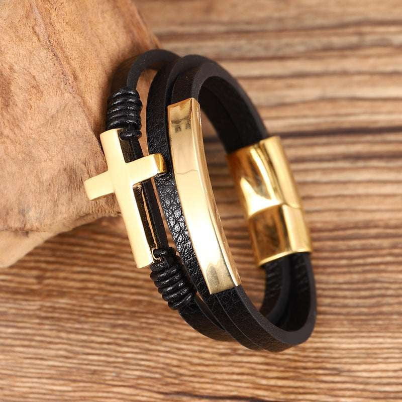 Gold Cross Bracelet, Leather Woven Jewelry, Single Loop Band - available at Sparq Mart