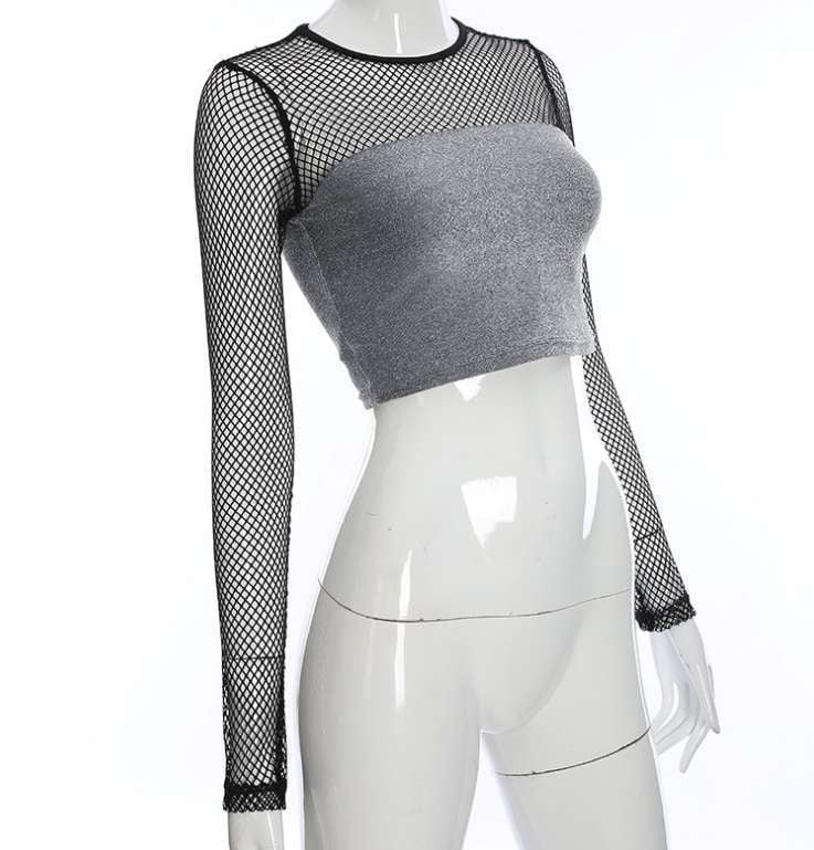 Comfortable Fashion Top, Grey Mesh Top, Patchwork Sleeve Shirt - available at Sparq Mart