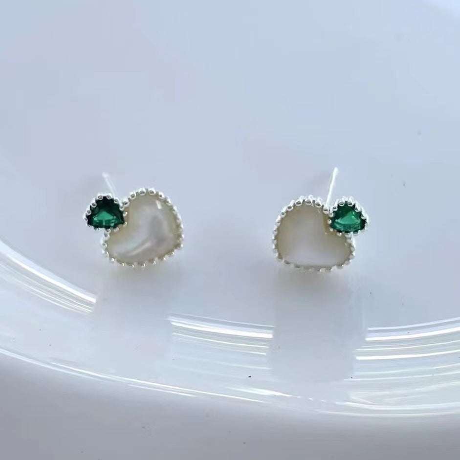 Green zirconium jewelry, Shell stud earrings, Silver heart earrings - available at Sparq Mart