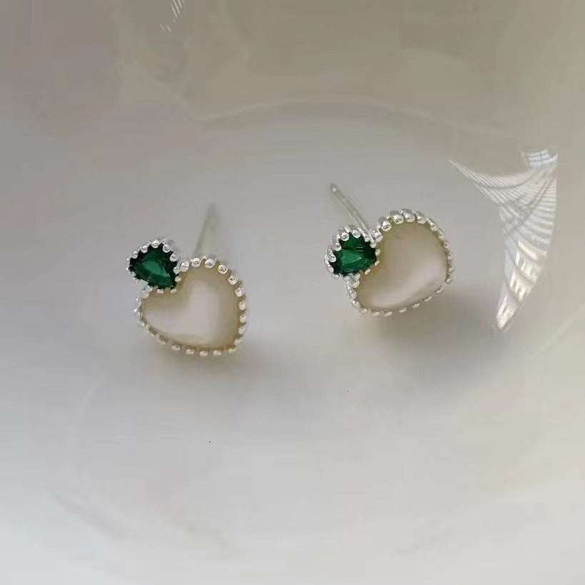 Green zirconium jewelry, Shell stud earrings, Silver heart earrings - available at Sparq Mart