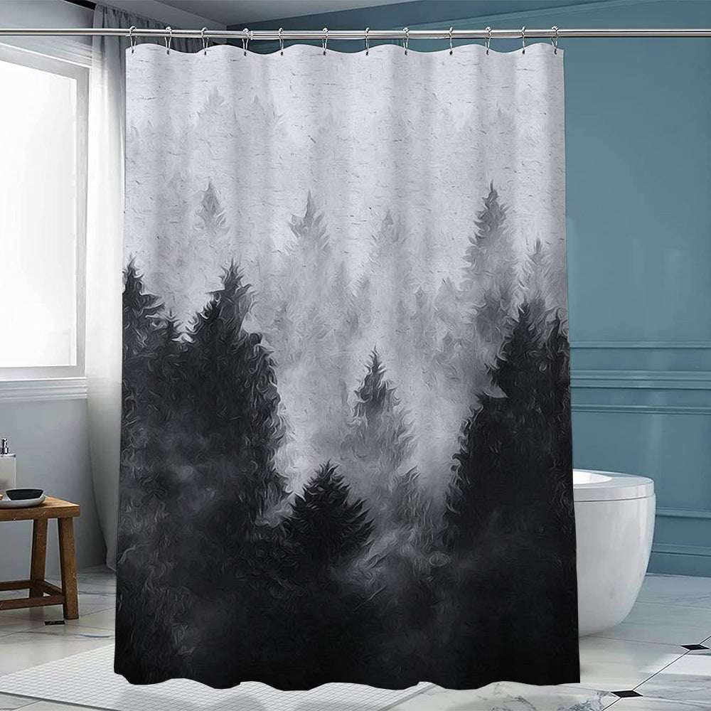 artistic shower decor, ink forest curtain, polyester curtain hook - available at Sparq Mart