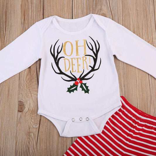 Deer Head Top Set, Festive Kids Outfit, Toddler Striped Trousers - available at Sparq Mart