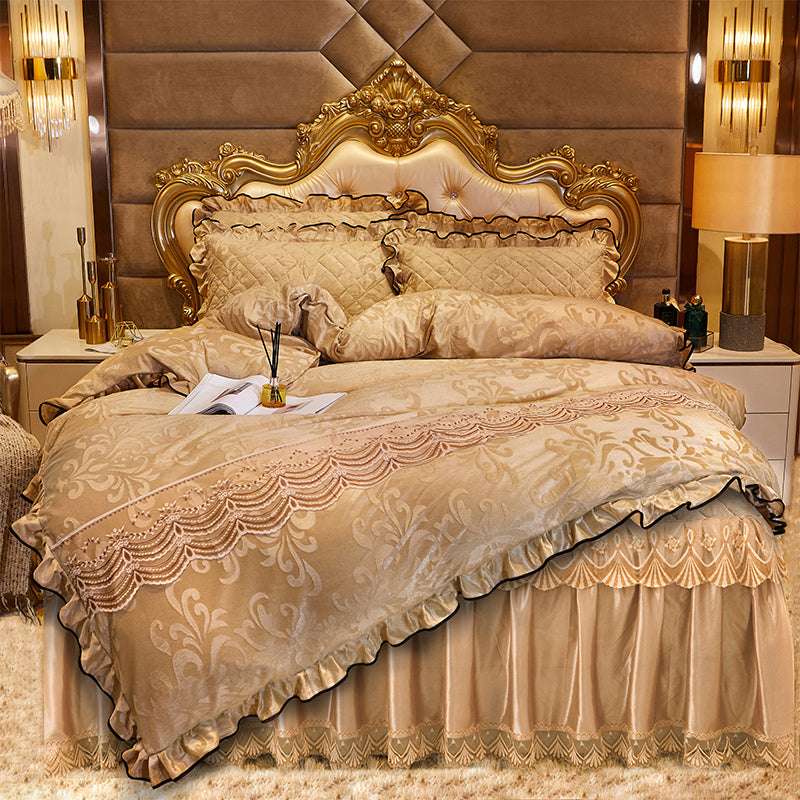 Luxurious bed skirt, Quilted four-piece, Velvet bedding set - available at Sparq Mart