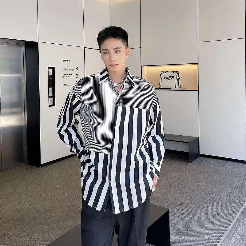 Men's Splicing Shirt, Striped Men's Fashion, Temperament Cold Shirt - available at Sparq Mart