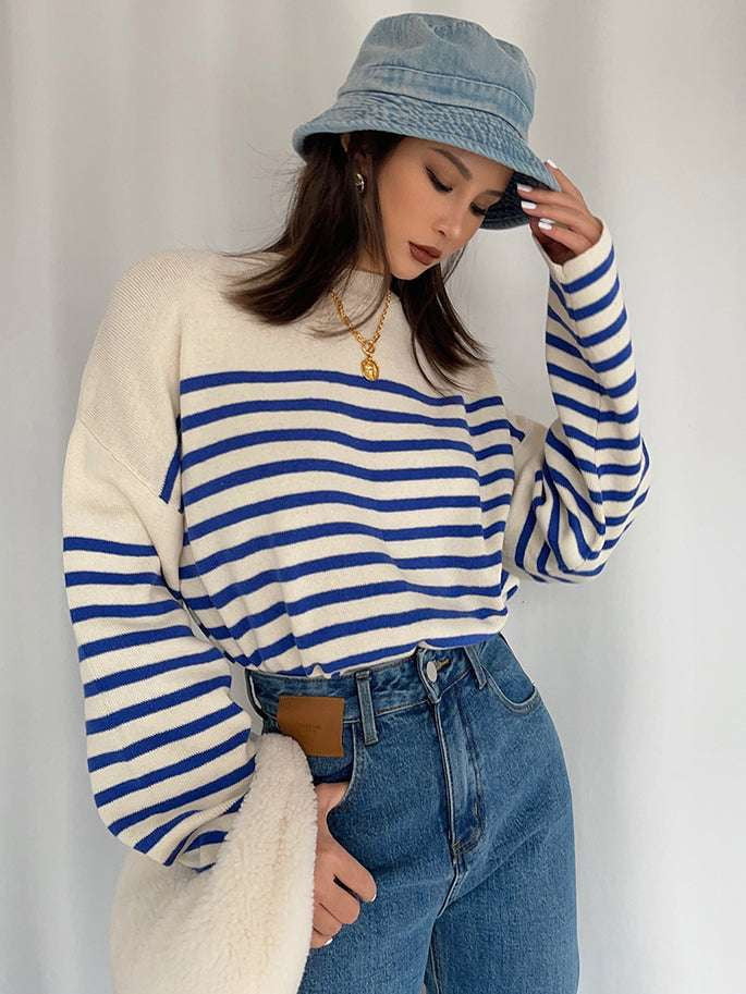 Long Sleeve Sweater, Navy Striped Sweater, Striped Crewneck Sweater - available at Sparq Mart