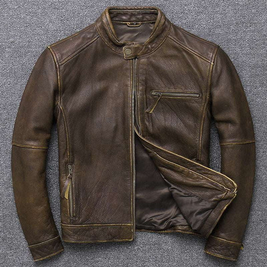 Leather Jacket Luxury, Men's Cowhide Jacket, Stand-up Collar Jacket - available at Sparq Mart