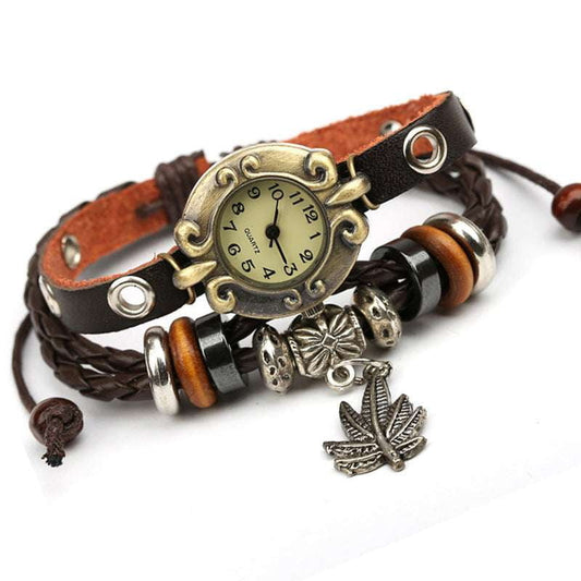 beaded leather wristwear, genuine leather watch, retro bracelet watch - available at Sparq Mart
