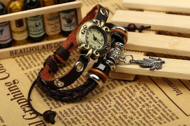 beaded leather wristwear, genuine leather watch, retro bracelet watch - available at Sparq Mart