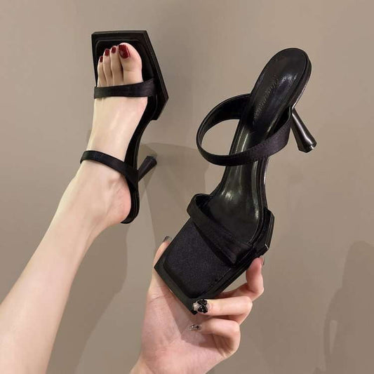 Black Open-Toe Slippers, Elegant Outdoor Heels, Satin Ankle Stilettos - available at Sparq Mart