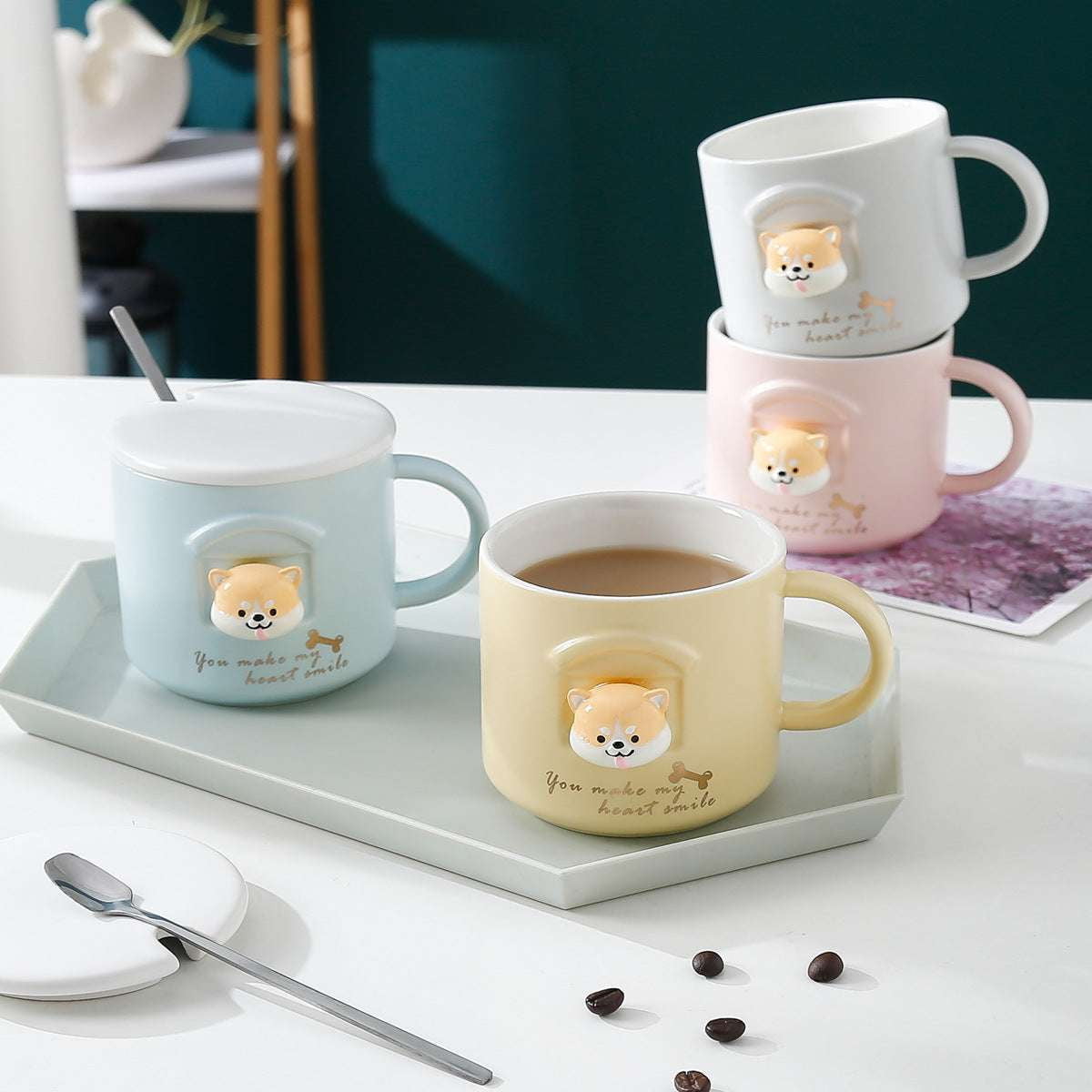 Cartoon Cup Lid, Ceramic Spoon Cup, Shiba Inu Mug - available at Sparq Mart