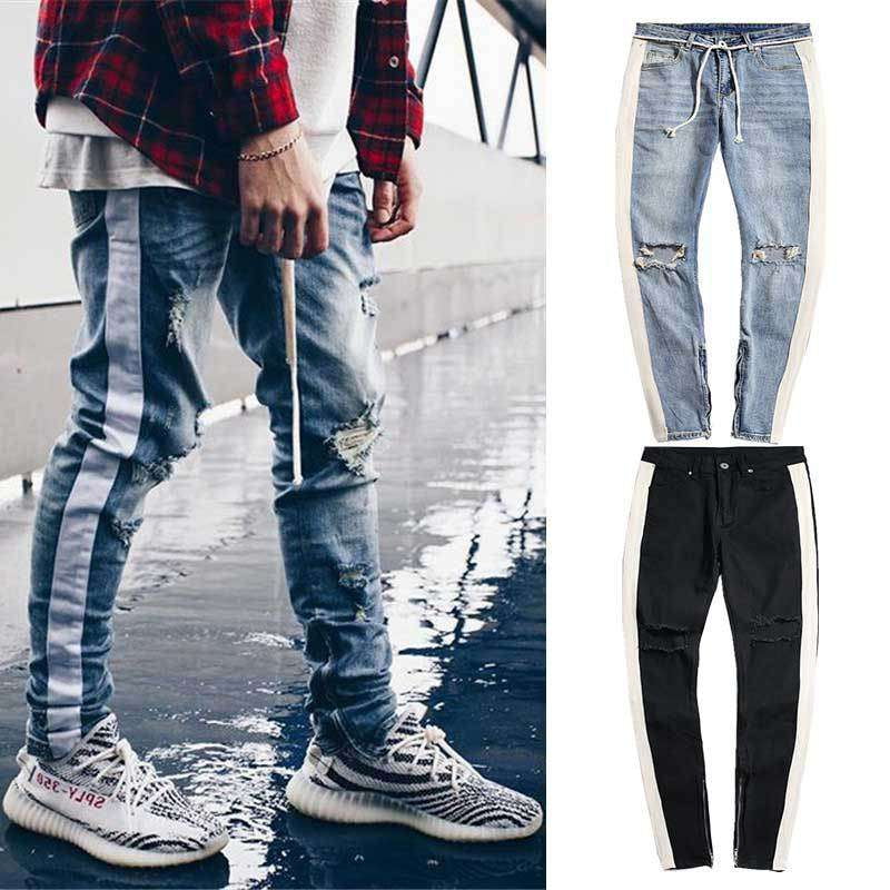 Side Zippered Jeans - Retro Striped Jeans - Destroyed Slim Jeans - available at Sparq Mart