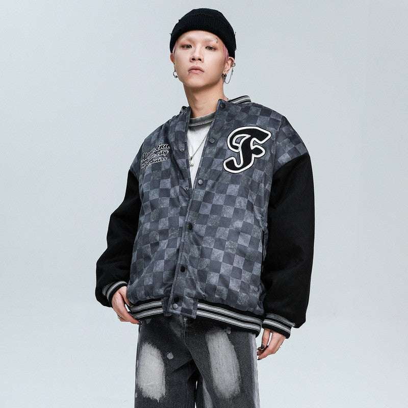 Casual Cotton Jacket, Checkered Hip Hop, Quilted Baseball Uniform - available at Sparq Mart