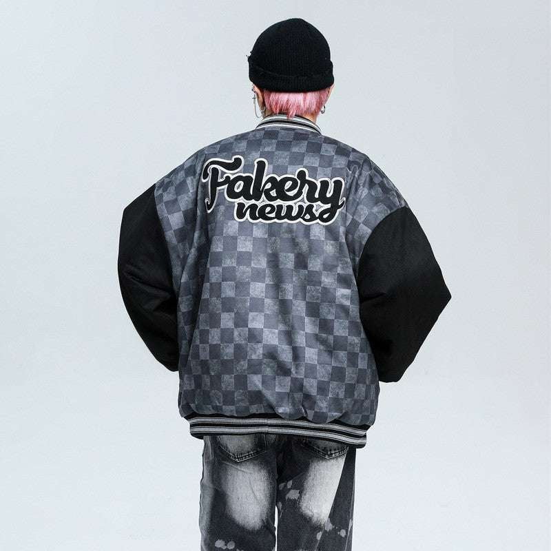 Casual Cotton Jacket, Checkered Hip Hop, Quilted Baseball Uniform - available at Sparq Mart