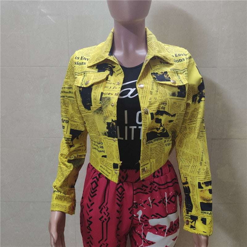 Newspaper Print Jacket, Trendy Autumn Outerwear, Winter Bomber Jacket - available at Sparq Mart