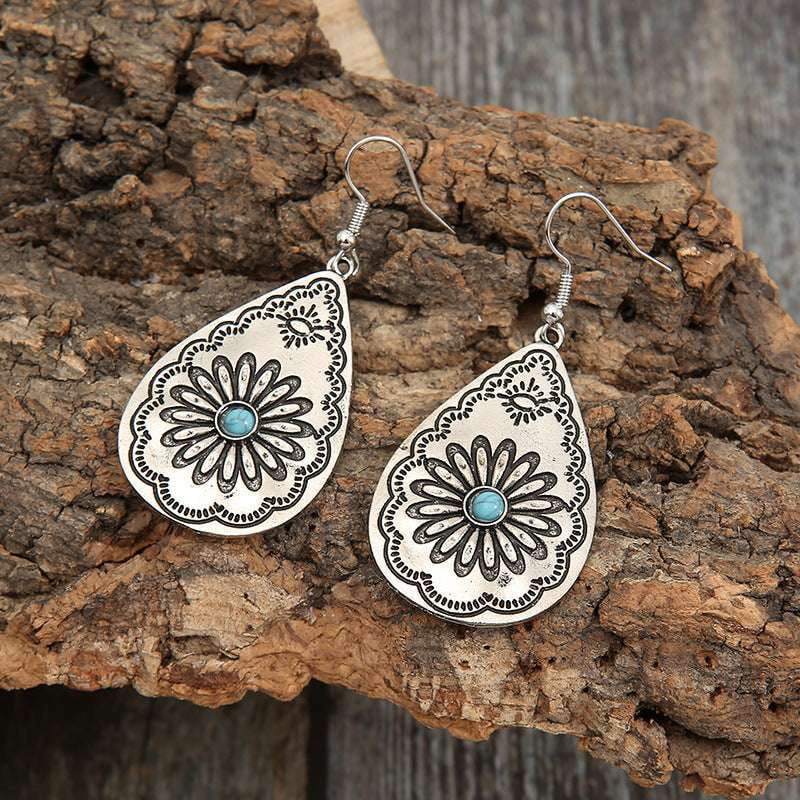 elegant drop earrings, sunflower turquoise earrings, turquoise carved earrings - available at Sparq Mart