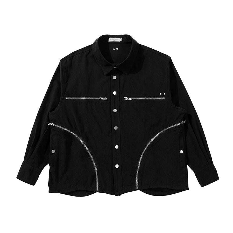 Big Zipper Fashion Shirt, Casual Black Polyester Shirt, Trendy Long Sleeved Shirt - available at Sparq Mart