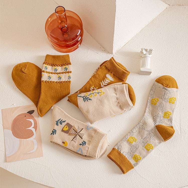 Cotton Jacquard Socks, Fashionable Socks Women, Retro Mid-calf Socks - available at Sparq Mart