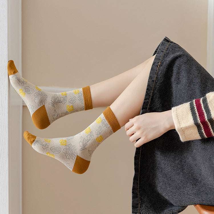 Cotton Jacquard Socks, Fashionable Socks Women, Retro Mid-calf Socks - available at Sparq Mart