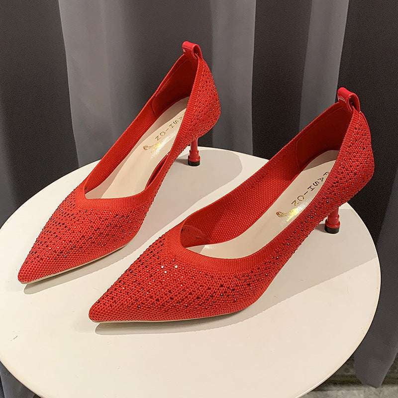 All-match Pointed Heels, Fashionable Knit Stilettos, Shallow Mouth High Heels - available at Sparq Mart