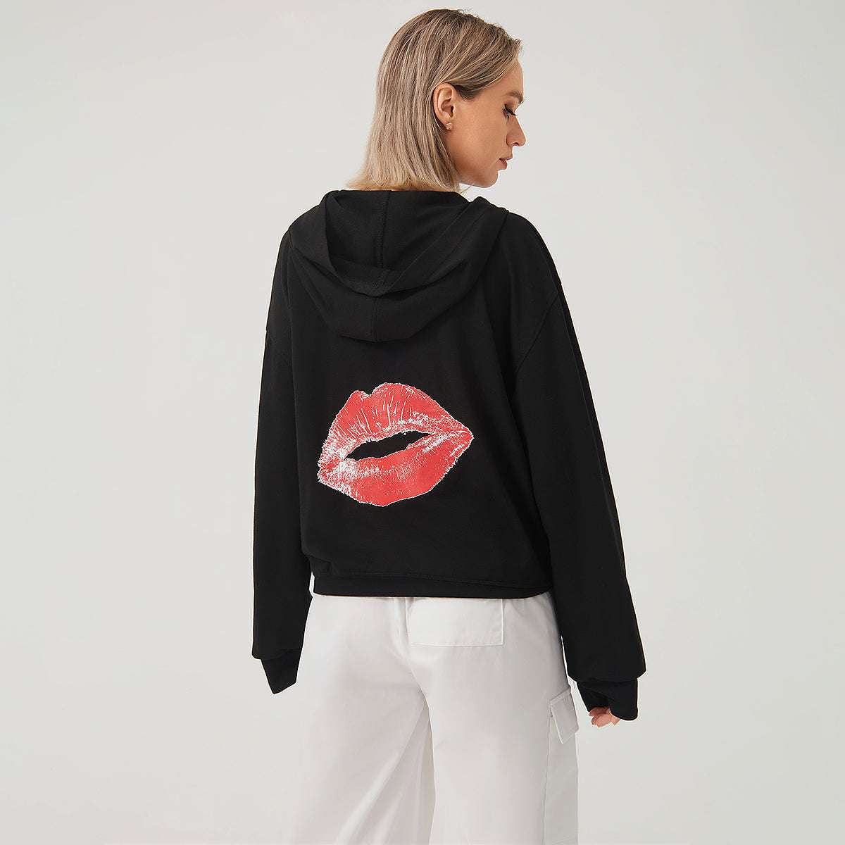 Casual Red Lip Hoodie, Long Sleeve Polyester Hoodie, Stylish Loose Hoodie - available at Sparq Mart